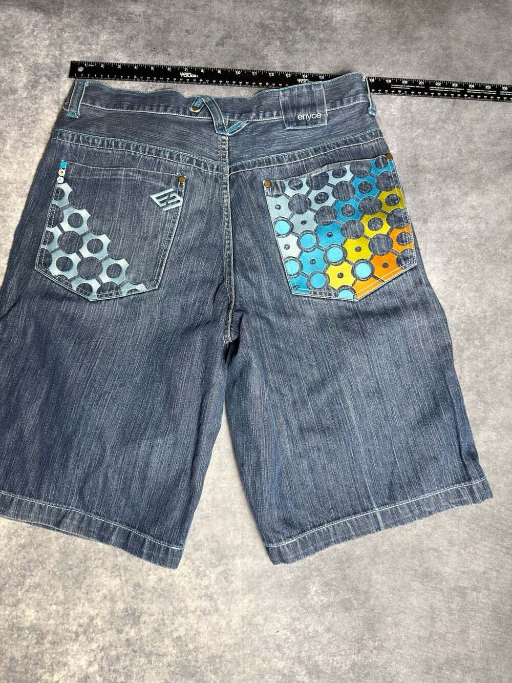 Vintage Enyce Y2K Denim Jorts Shorts Size 36 Blue Embroidered Graphic Pockets
